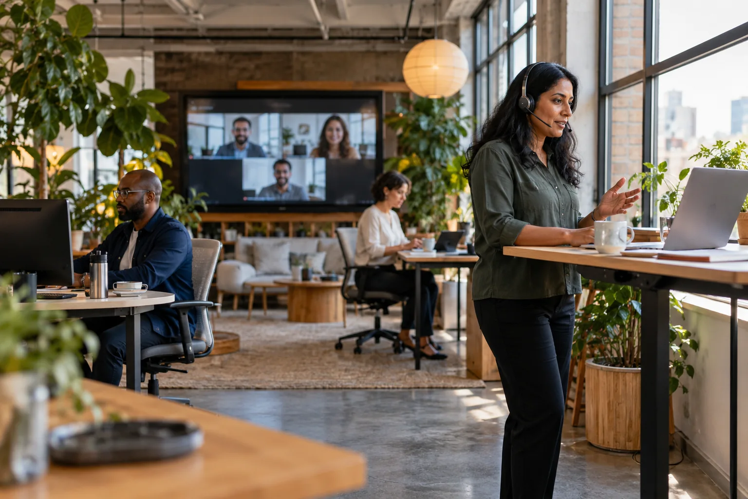 Illustrative distributed hiring team connecting across offices and locations