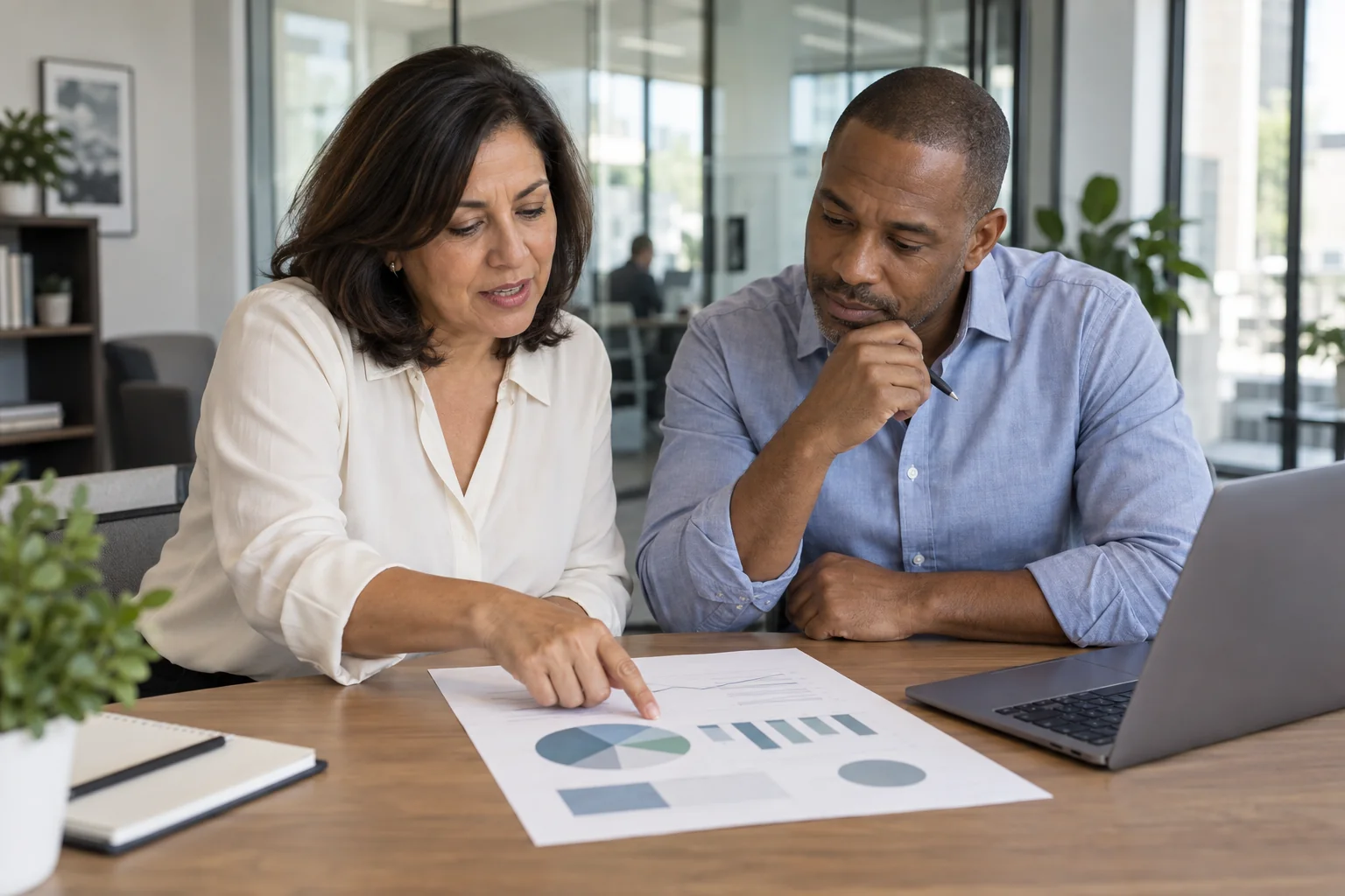 Illustrative professionals reviewing a recruitment campaign report in a modern agency office
